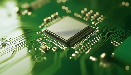 Obraz premium Close-up of a microchip on a green circuit board, showcasing intricate details of technology and innovation.