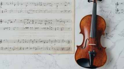 Fototapeta premium Elegant Violin on Marble Surface with Musical Sheet Background