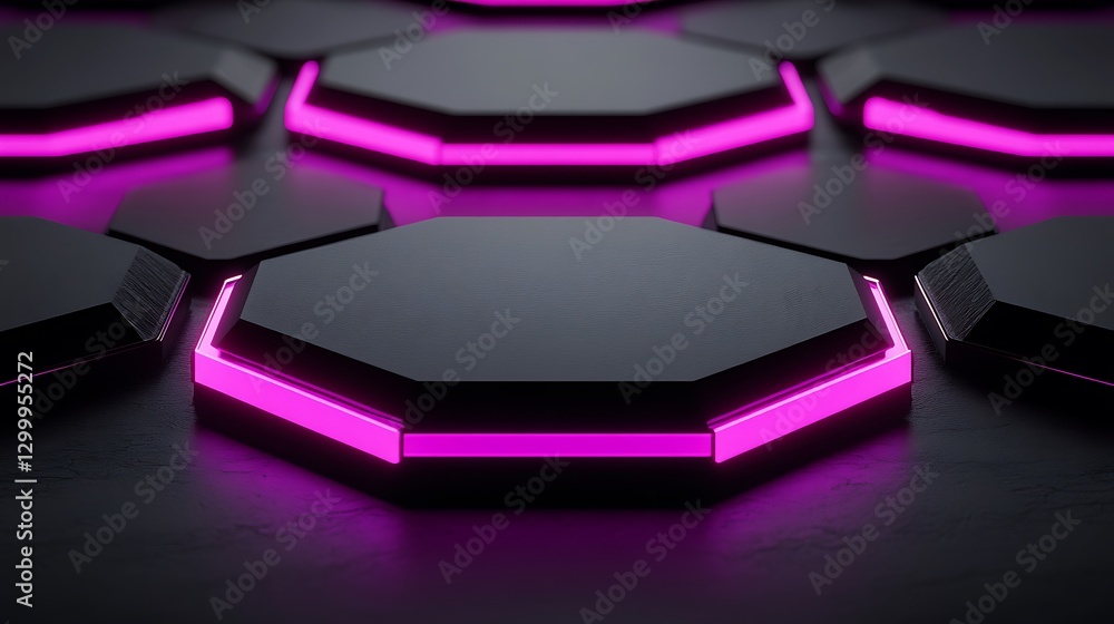 Poster abstract hexagon pattern with neon pink glowing edges