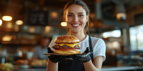  A cheerful waitress serving a large burger in a vibrant restaurant. Perfect for food blogs, restaurant marketing, and fast-food advertising.