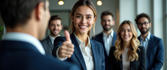 Obraz premium Positive Teamwork: A Woman in a Suit Gives a Thumbs-Up to a Group 