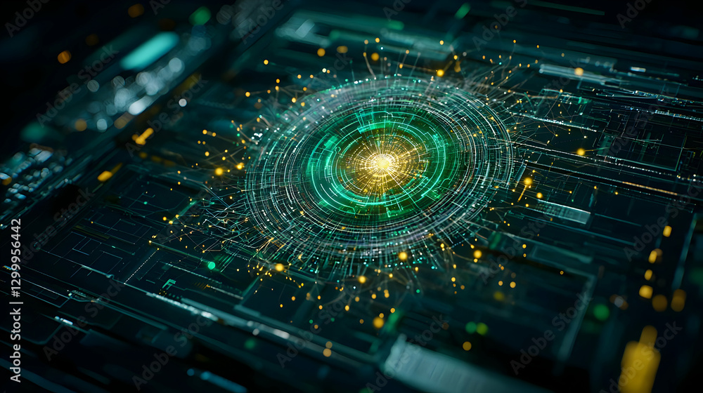 Poster abstract digital network visualization with glowing green and yellow energy core