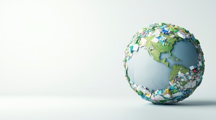 A globe covered in various types of waste symbolizes the impact of pollution on the planet and highlights environmental concerns.