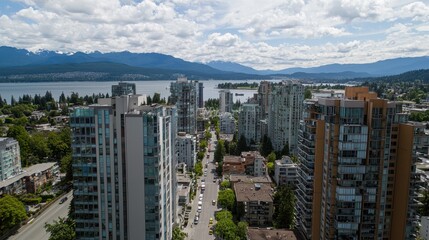 Aerial View of Urban Landscape with Mountains and Water in Background