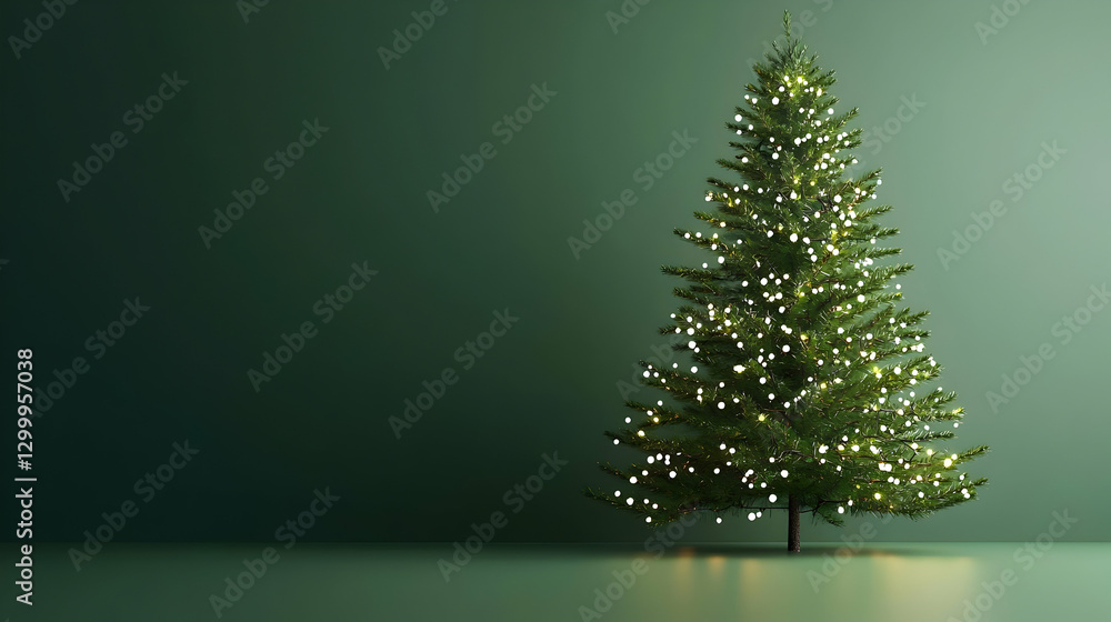 Poster festive christmas tree with string lights on green background with copy space