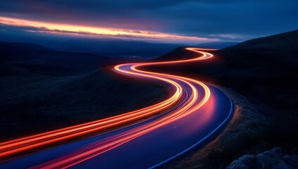A winding road with long exposure lights.
