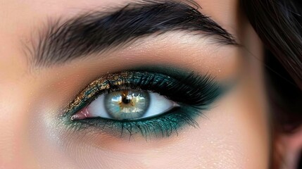 Obraz premium Showcasing a striking eye makeup look featuring vibrant emerald green mascara and coordinating eyeliner, complemented by a natural makeup base for a contemporary vibe