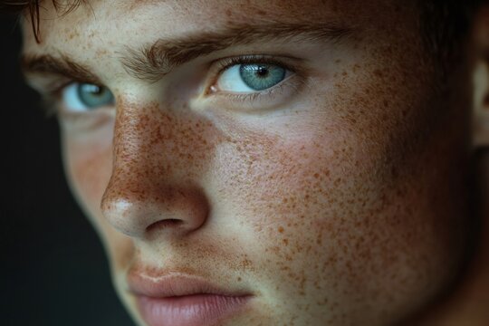 Young man with freckles showing his intense blue eyes