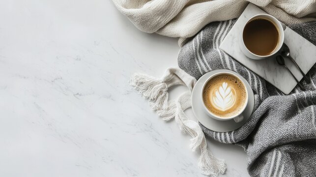 Cozy coffee latte and americano on marble, with blankets. Perfect for autumn blogs