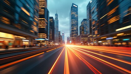 Fast motion light trails in a futuristic cityscape.