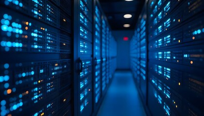 Server room with blue glowing digital lights.
