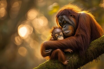 Obraz premium Mother orangutan embracing her baby on a tree branch