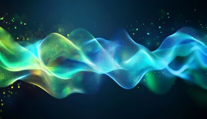 Obraz premium Abstract glowing green and blue wavy lines on a dark background with a bokeh effect.