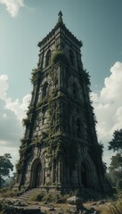 Fototapeta premium Overgrown Stone Tower Ruins A Majestic Ancient Structure Reclaimed by Nature s Embrace Under a Cloudy Sky