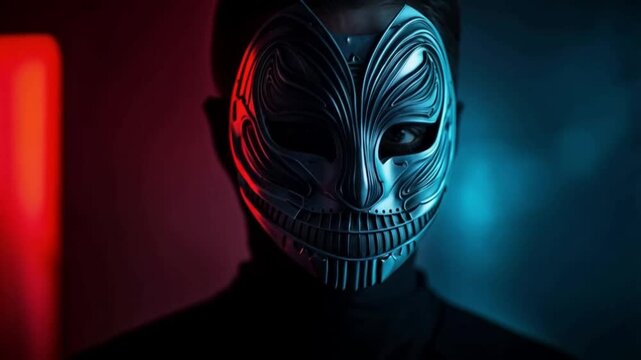 The anonymous figure stood illuminated by red and blue lights, creating an intriguing and mysterious atmosphere.
