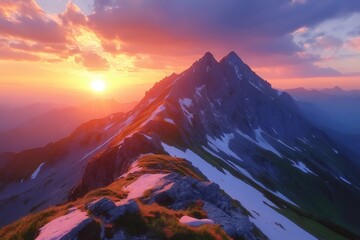Vibrant sunset illuminating snowy mountain peaks and ridges