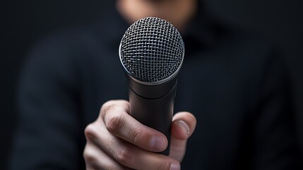 A faceless reporter holding a matte black microphone, dim backlighting creating an ethereal glow, set against a dark charcoal background, modern, clean lines, professional yet minimalistic mood, the