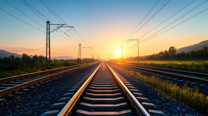 Fototapeta premium Golden Sunset Over Railroad Tracks Stretching Towards Horizon with Silhouette of Mountains