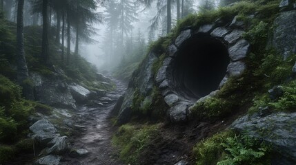 Foggy Pathway Through Misty Forest with Stone Hole