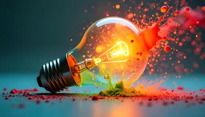 Light bulb explosion with multicolored paint splashes.