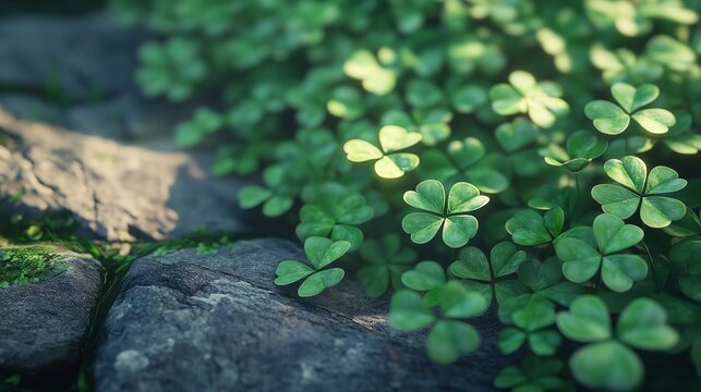 A close-up, sunlit scene featuring a patch of shamrock leaves growing beside rough, dark stones, with sunlight highlighting the texture and detail of the plants and rocks.