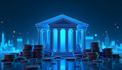 Glowing blue financial building with stacked coins.