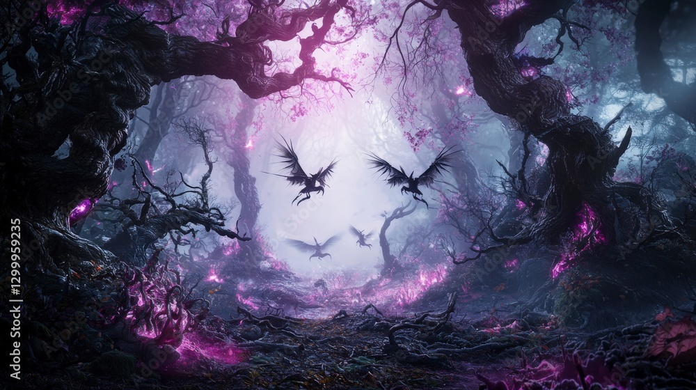 Poster imagination unleashed aerial view of enchanted creatures in a mystical fantasy forest