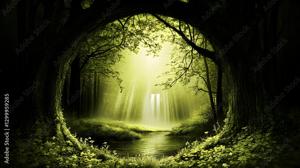 Aufkleber enchanting waterfall scene in a mystical forest, sunlight streams through trees creating a magical a