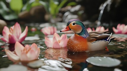 A colorful mandarin duck swimming among water lilies, showcasing vibrant plumage and serene nature in a tranquil pond.