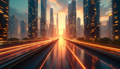 Futuristic highway with glowing city lights at sunset.