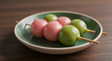 Pastel Pink and Green Dango on Rustic Wooden Table