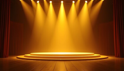 Golden spotlights illuminating an empty theater stage.