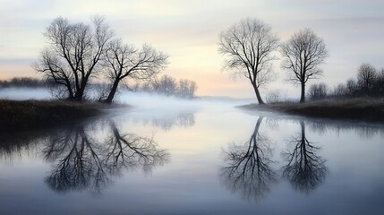 Serene landscape reflection misty riverbank nature art tranquil environment wide angle dreamy concept