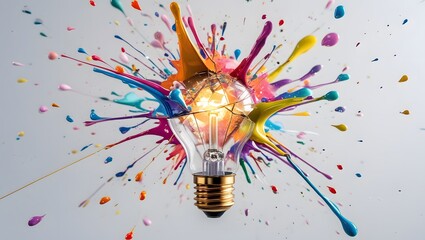 Light bulb explosion with multicolor paint splashes.