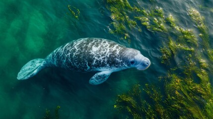 Naklejka premium A serene manatee swimming gracefully through clear, turquoise waters surrounded by vibrant aquatic vegetation.