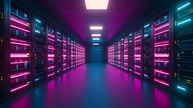 Digital Server Room with Illuminated Racks and Data Processing Infrastructure