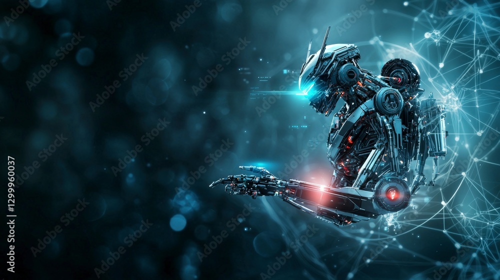 Aufkleber Futuristic robot design with metallic surfaces digital realm 3d render sci-fi concept close-up view