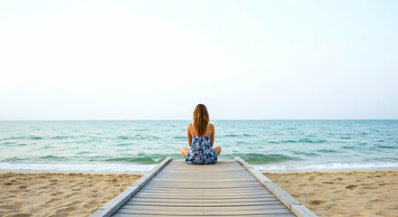 Woman Seating on Wooden Path Enjoying Ocean View on the Beach
