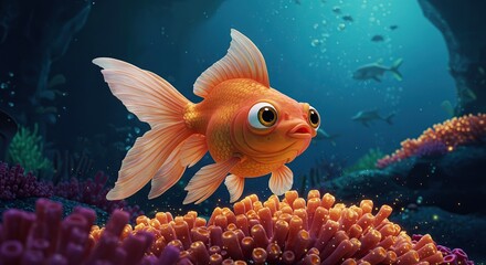 Fototapeta premium Cartoon Goldfish Swimming Underwater Beside Coral Reef with Bubble Background