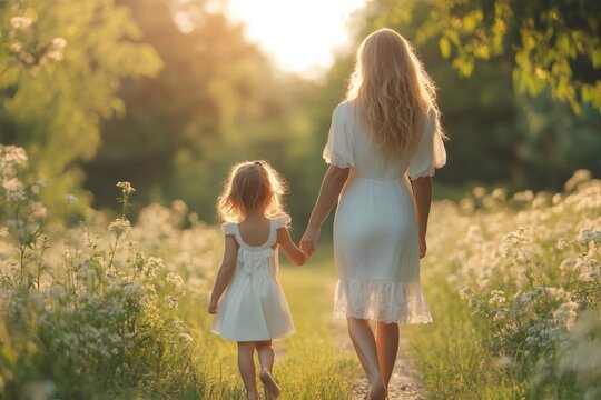 Mother and daughter walking barefoot on a path at sunset holding hands