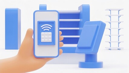 A hand holds a smartphone displaying a payment interface, surrounded by blue shelves and stands, representing a digital shopping environment.