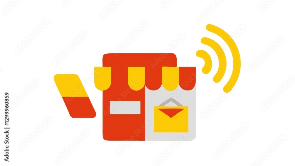 Poster a colorful illustration of a delivery box with a message icon and radiating signals, symbolizing onl