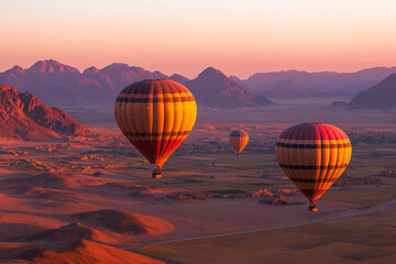 Obraz premium Hot Air Balloons Floating Over a Desert at Sunset 