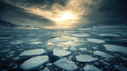 Melting ice sheet with rising water, arctic landscape, climate change impact.