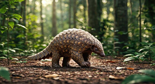A Solitary Pangolin Walking Cautiously Along a Forest Floor in Gabon. Highlight Its Overlapping, Scaly Armor, Curved Tail, and Small, Alert Eyes