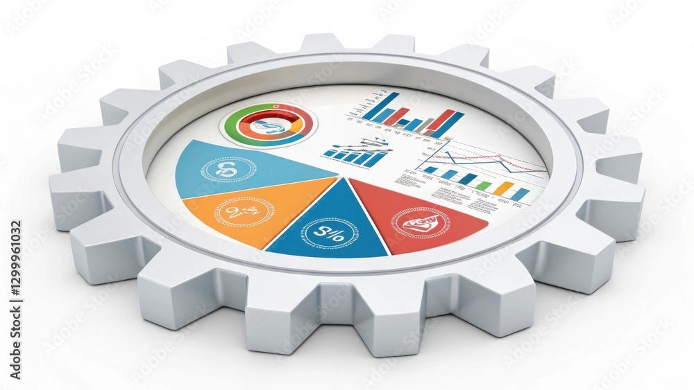 Poster a 3d gear-shaped graphic displays colorful charts and graphs, representing data analysis and busines