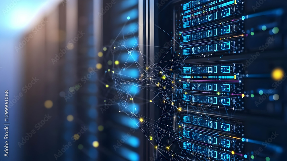 Poster blue server racks with glowing lines representing digital data transfer in modern data center