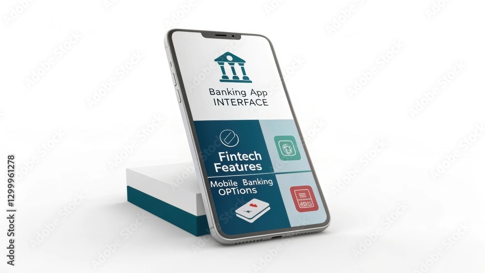 Poster a smartphone displaying a fintech app with features like mobile banking and integrated services, set