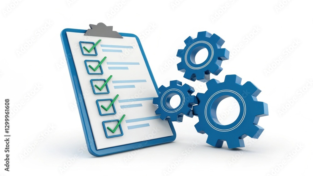 Poster a checklist with green checkmarks beside gears symbolizes productivity and task management.