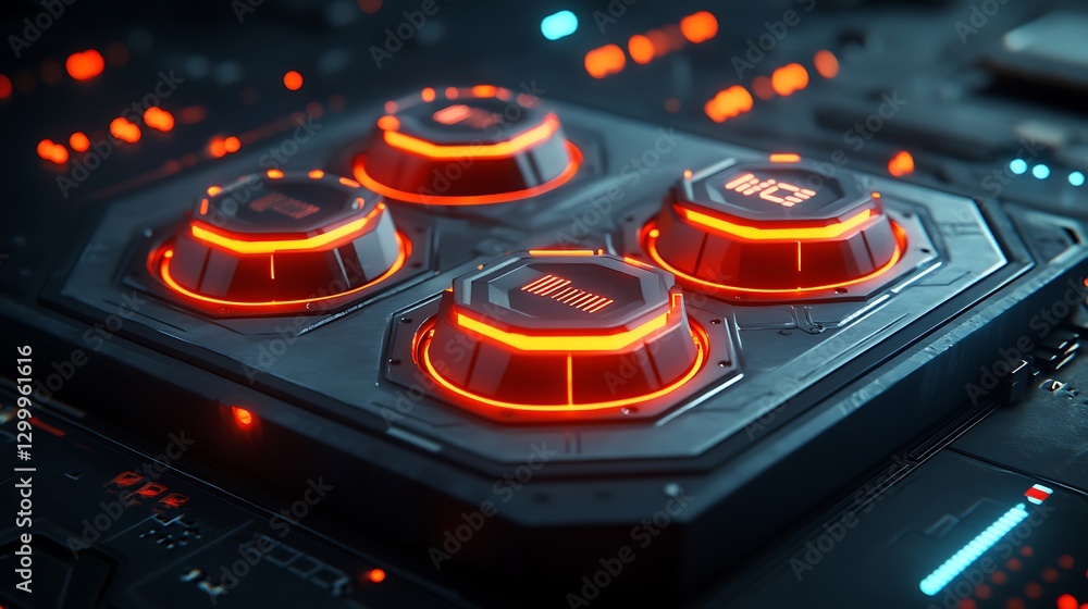 Poster futuristic control panel with illuminated buttons